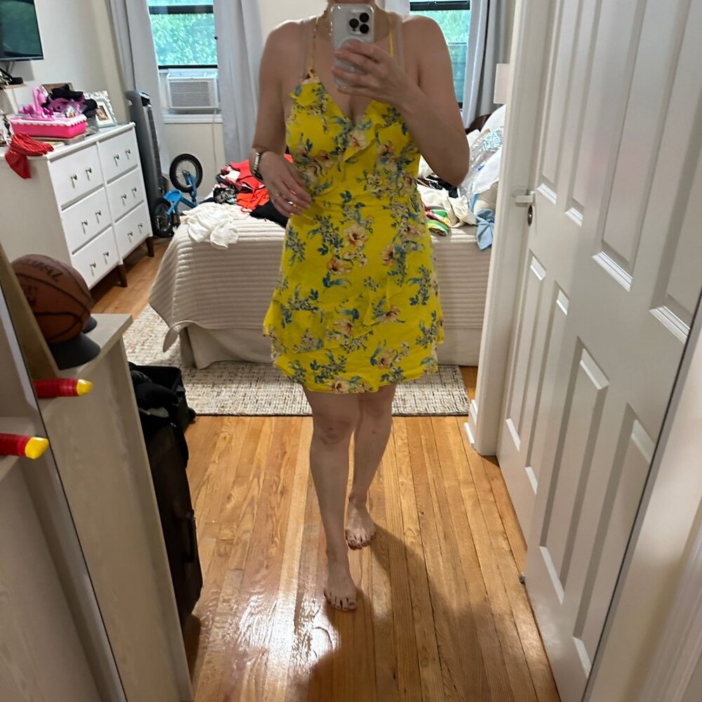 MANGO Casual Yellow Floral Spaghetti Strap Mini-Dress Size L/8
